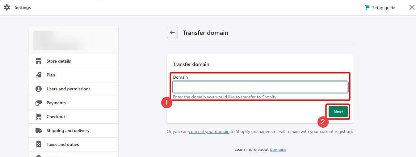 Enter domain name to transfer it to Shopify