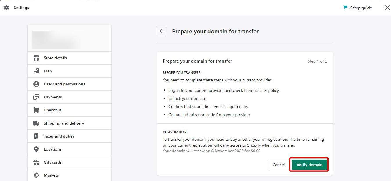 Verify domain to transfer to Shopify