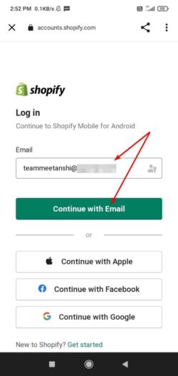 Enter email address to login to Shopify admin from mobile