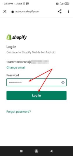 Enter password to log into Shopify admin on mobile phone