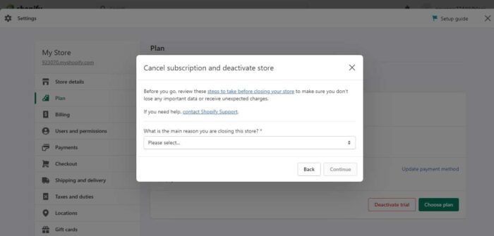 Cancel Your Shopify Free Trial - Enter Reason