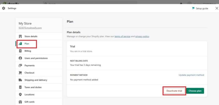 How to Cancel Your Shopify Free Trial - Go to Plan and Deactivate