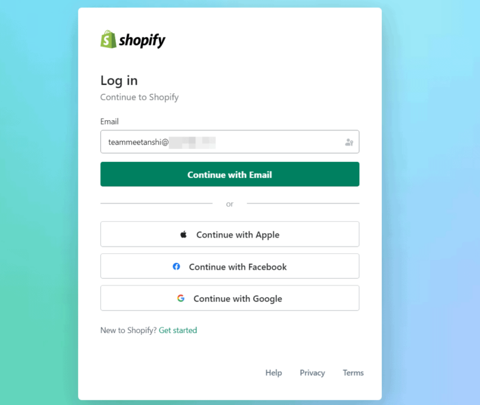 Shopify login page for admins