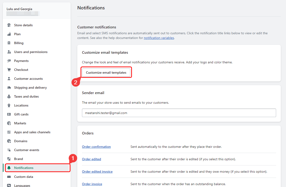 Shopify settings notifications customize emails