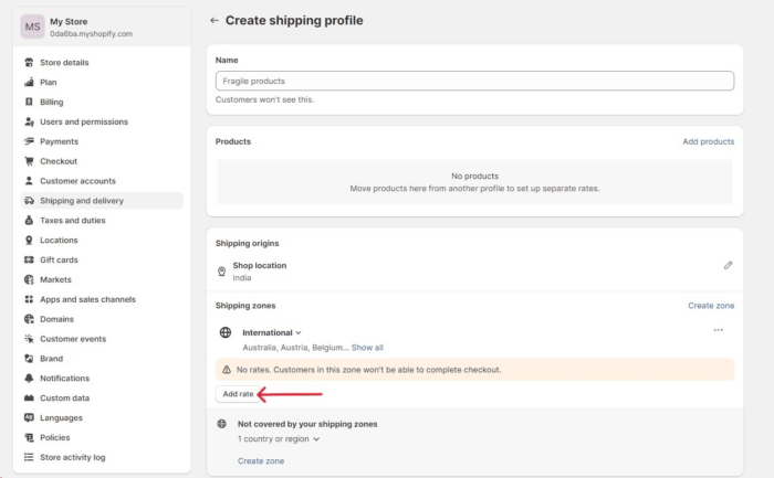 Add rate to each shipping zone to remove shipping calculated at checkout in Shopify