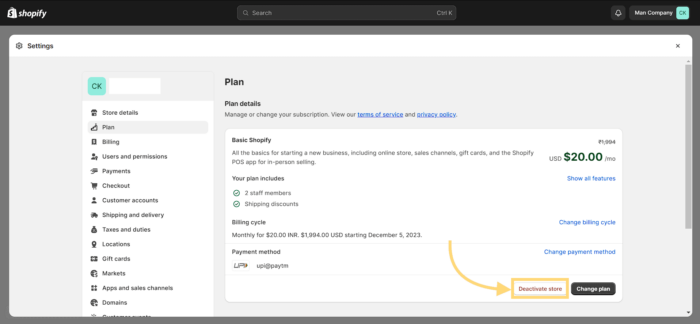 Deactivate Shopify store