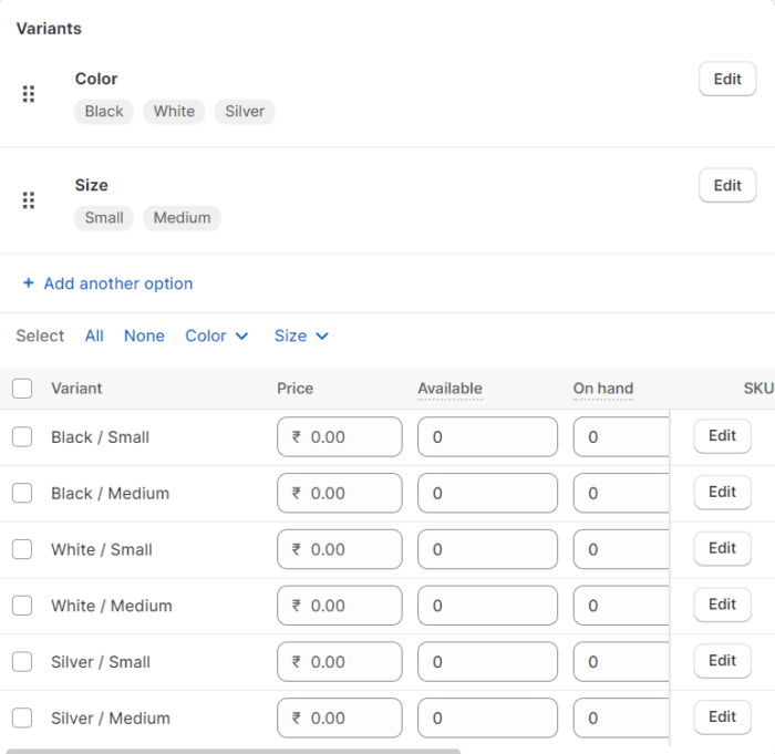 Add product variants to Shopify