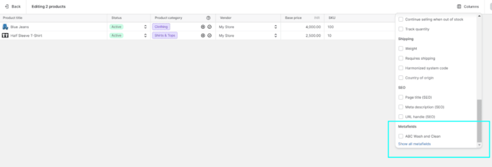 Select Metafields columns