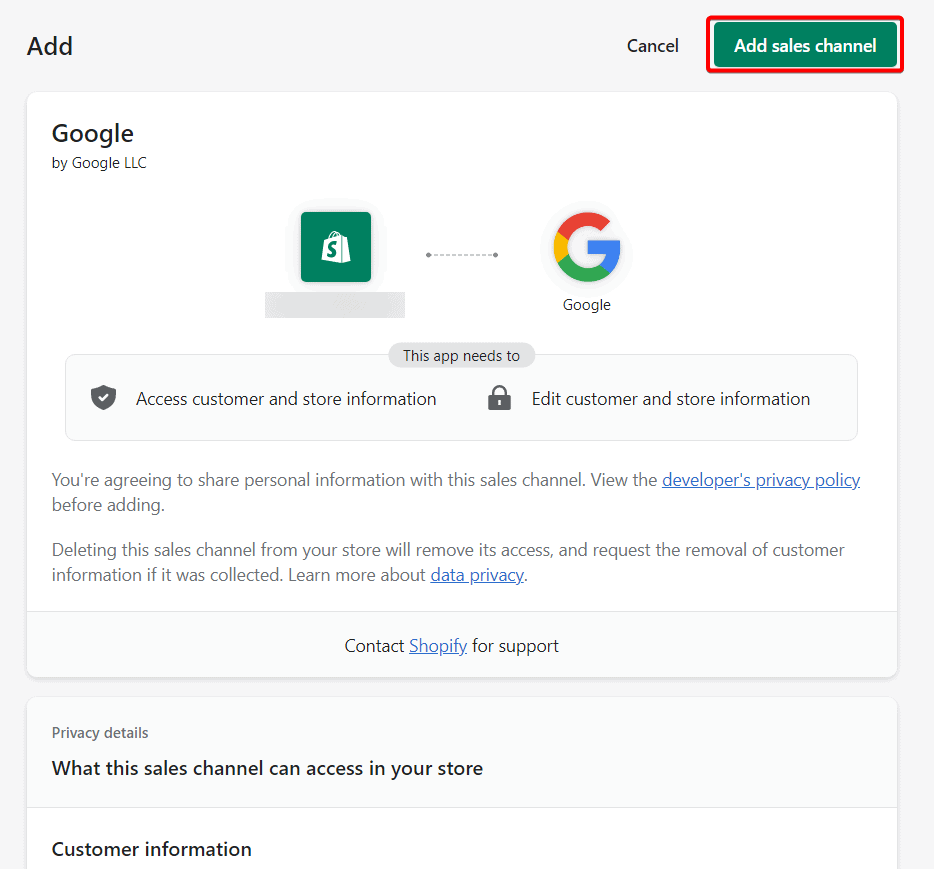 Install Google channel app in Shopify to connect GA4