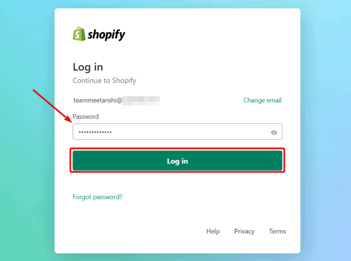 Enter password for Shopify login admin