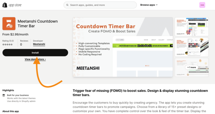 Install Meetanshi Countdown Timer app from Shopify app store