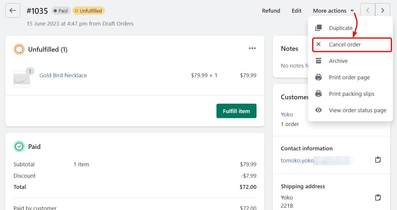 Cancel order in Shopify admin