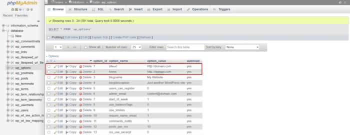 Change domain in PhpMyAdmin