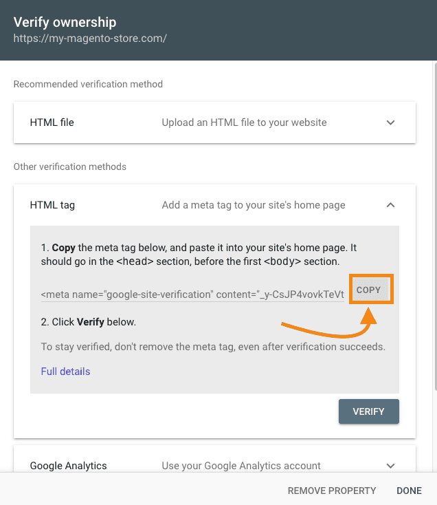 Copy HTML tag to verify GSC Property