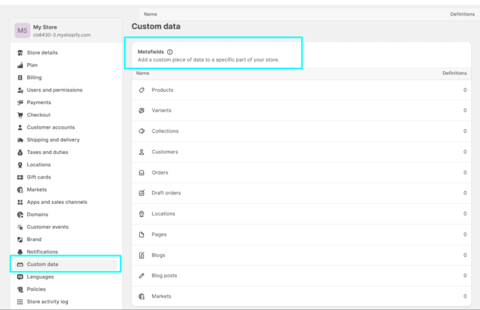 Go to custom data metafields in Shopify