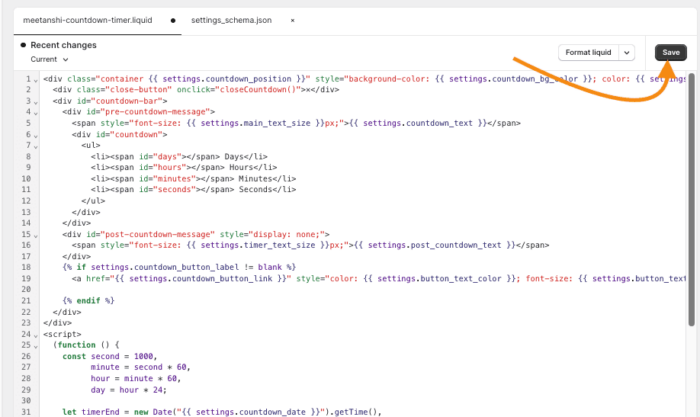 Save shopify countdown timer code snippet