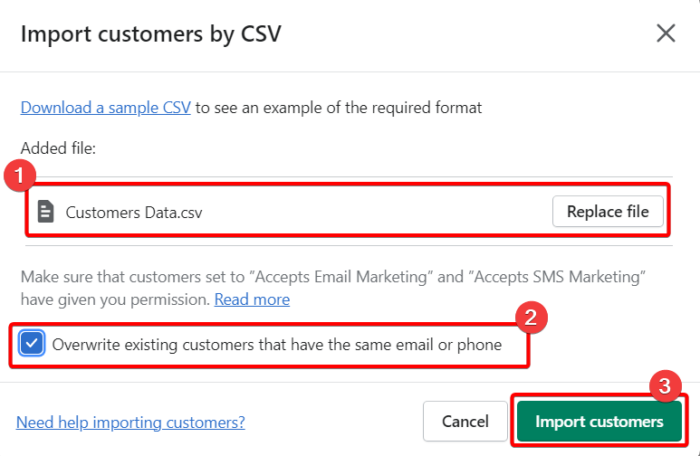 Upload customer csv file in Shopify