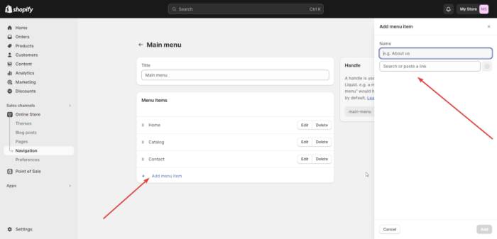 Add menu items in Shopify - Set up Shopify store