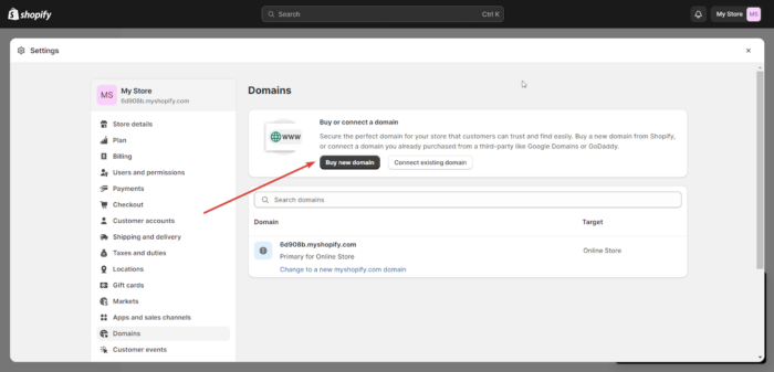 Buy a new Shopify domain to create a Shopify store