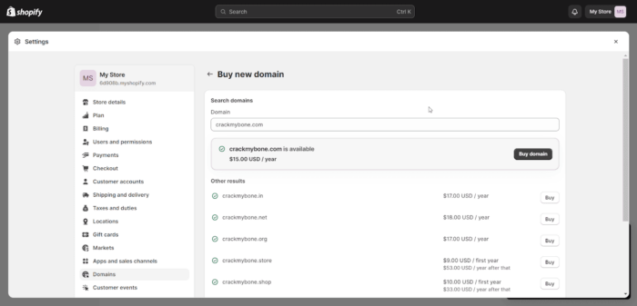 Choose domain name to set up a Shopify store