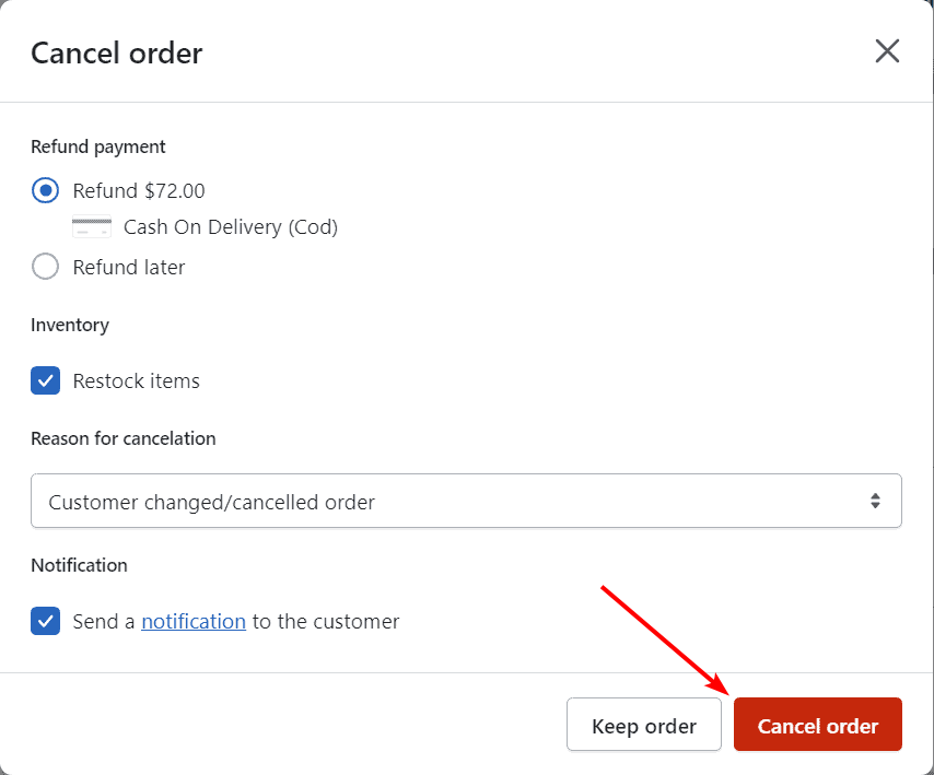 Confirm Shopify order cancellation pop up