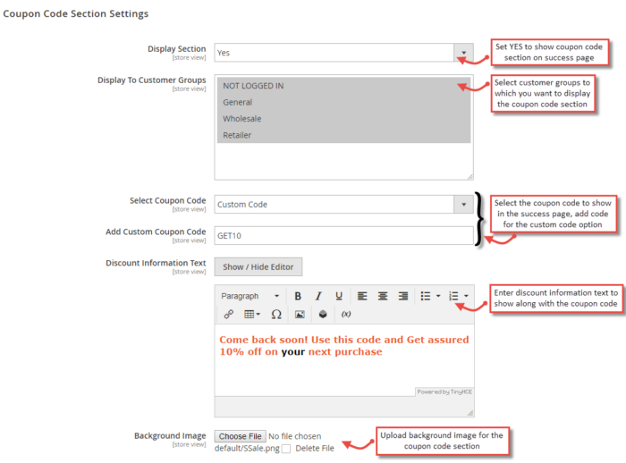 Coupon Code Section Settings