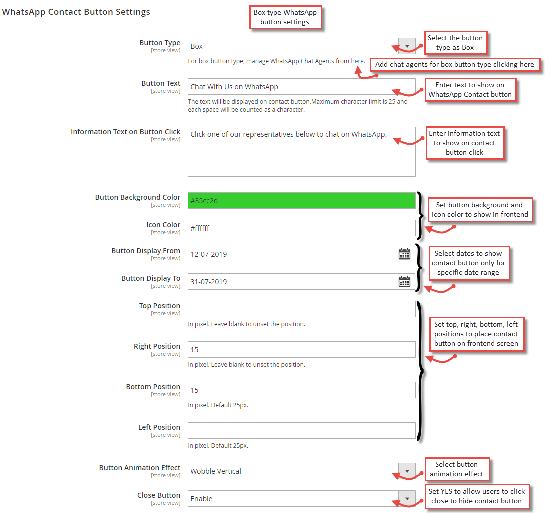 Box type whatsapp contact button settings