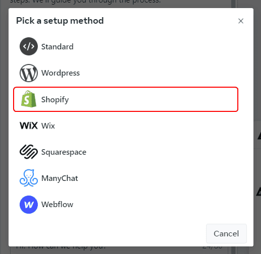 Select Shopify in Facebook Chat Plugin Setup