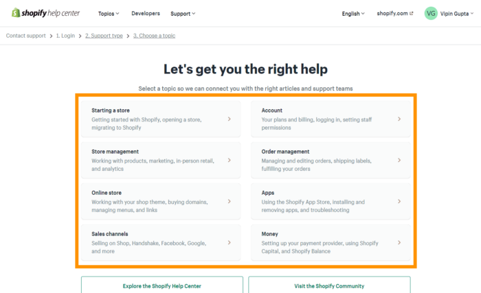 Contact Shopify support by topic