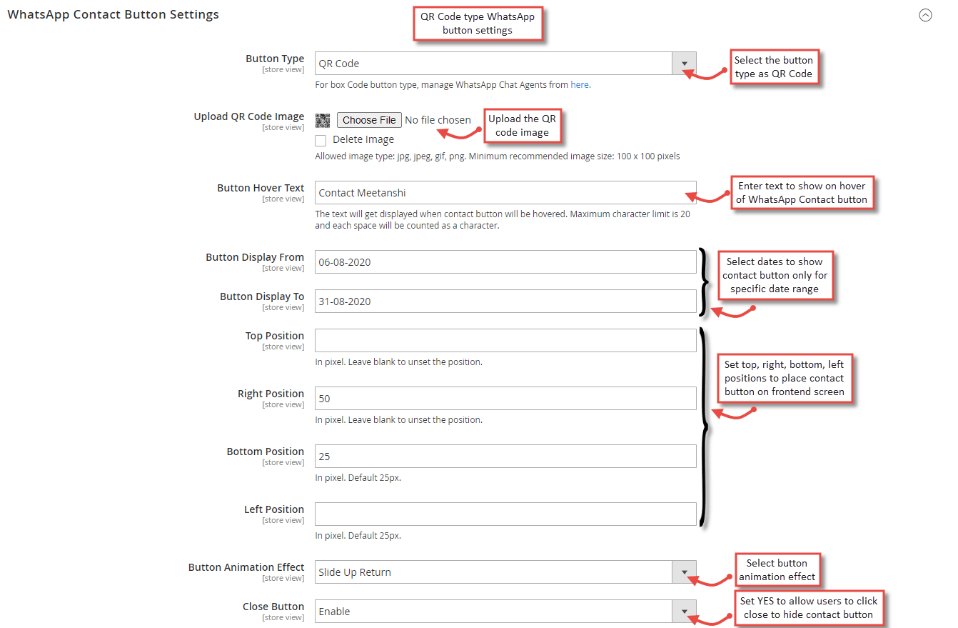 QR code type Whatsapp contact button settings