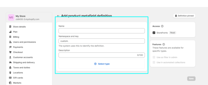 Add metafield definition to Shopify