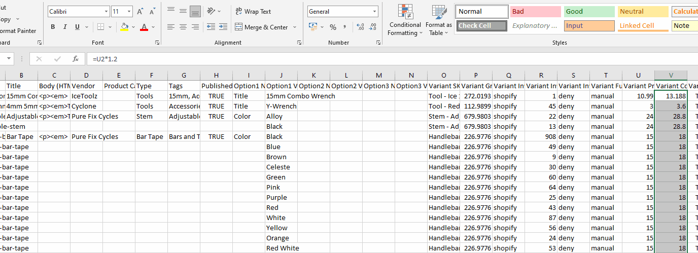 Bulk edit Shopify csv file in Excel