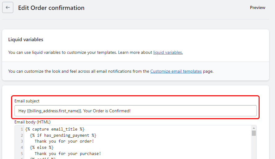 Change subject line of Shopify emails notifications