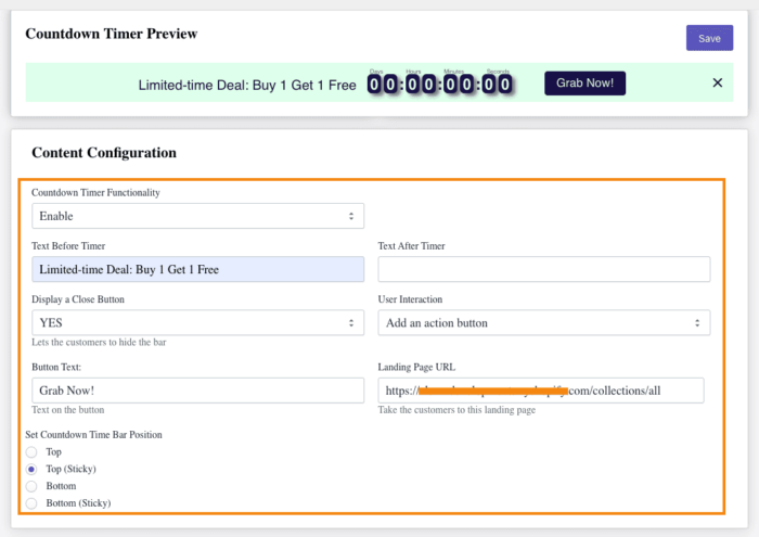 Content configuration for the Shopify countdown timer bar app