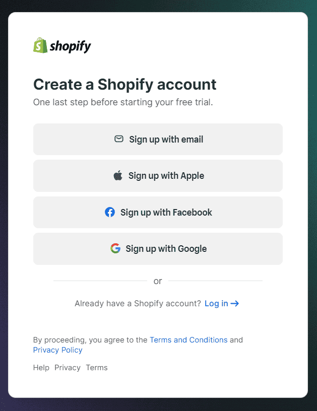 Create Shopify store account