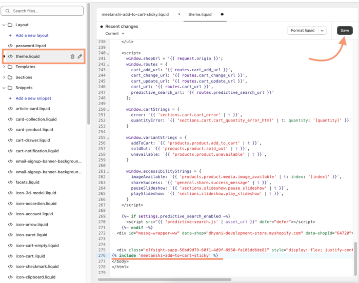 Edit theme liquid file in Shopify to add sticky add to cart snippet code