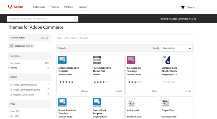 Number of themes in Magento marketplace vs Shopify