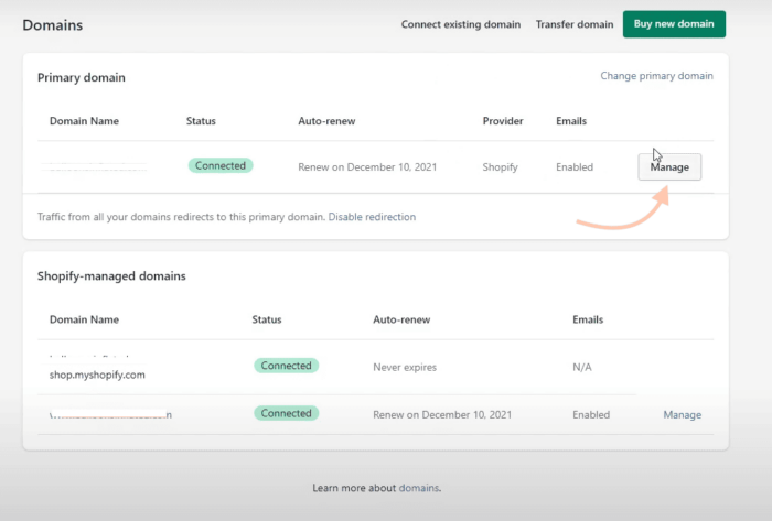 Manage domain in Shopify