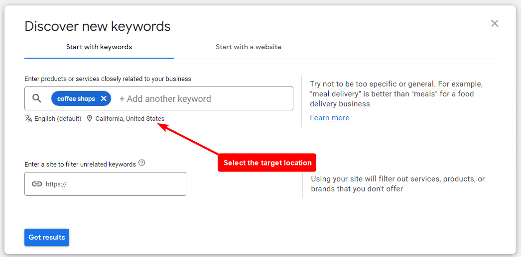 Select target location in keyword planner for local keywords