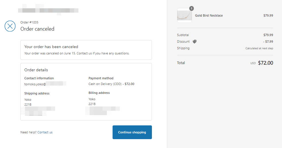 Shopify order cancelled - customer order status