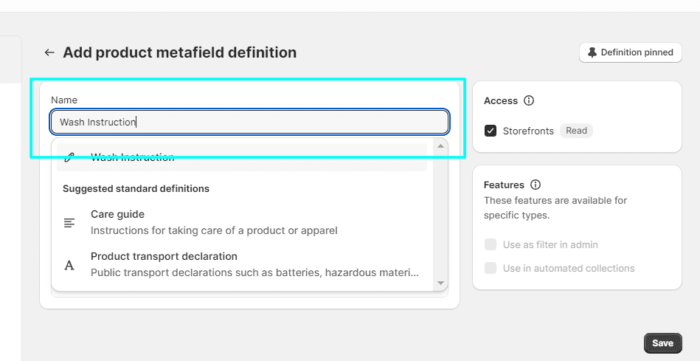 Shopify Metafield definition