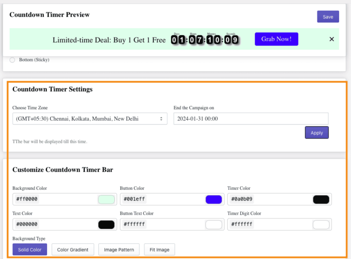 Set time and customize timer bar colors