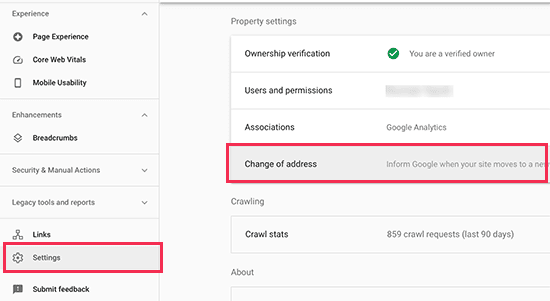 Submit change of address request in GSC