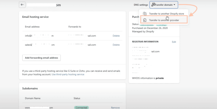Trasnfer domain to other provider in Shopify before cancelling subscription