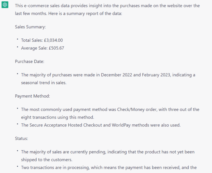 Analyze sales data and build reports using ChatGPT