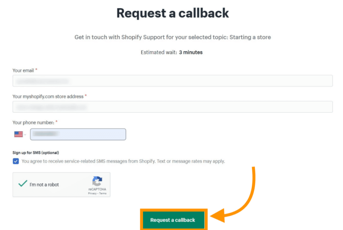 Request a Shopify support callback