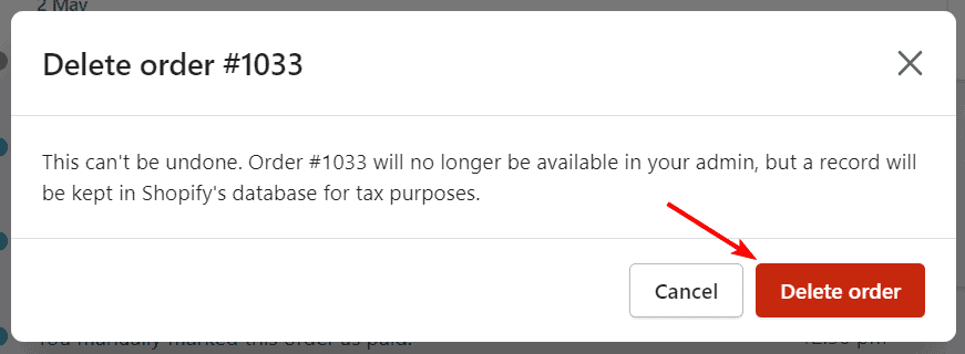 Confirm order deletion in Shopify