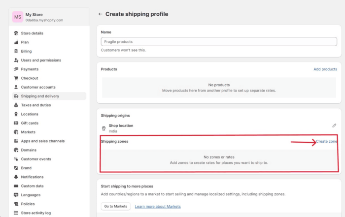 Create zones in Shopify for shipping to remove shipping calculated at checkout