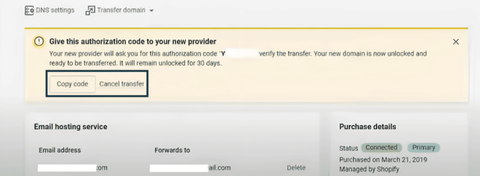 Domain transfer authorization code - Shopify cancel subscription