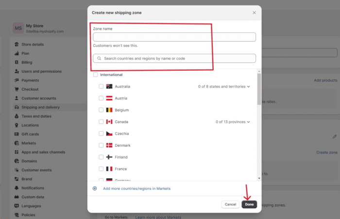 Add countries to each shipping zone